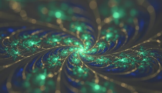 Close eye level shot captures fractal swirl with glowing green and blue patterns, timestamp 20260220_202216