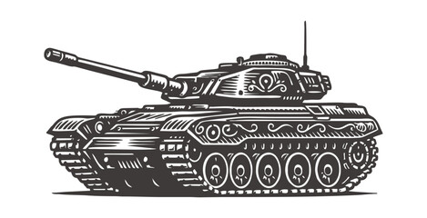 Heavy armored tank with ornate patterns standing on white background. © Alex