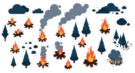 Fototapeta premium set of hand drawn campfire flames pine trees smoke and clouds forest nature illustration elements