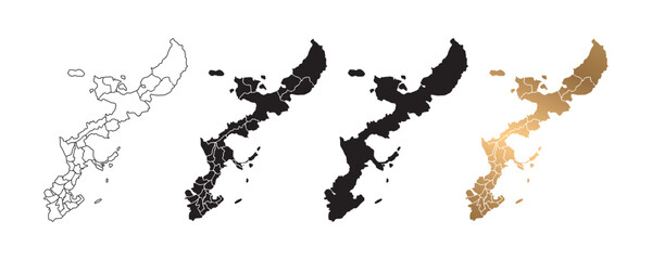 Vector illustration of Okinawa, Japan map icons in various styles, featuring black and gold colors. Design symbols. © Eakglory