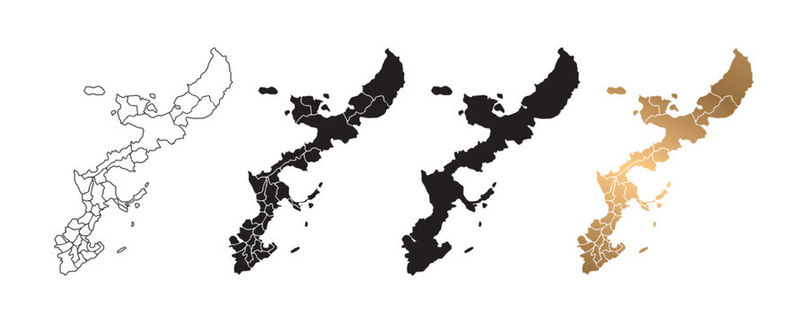Vector illustration of Okinawa, Japan map icons in various styles, featuring black and gold colors. Design symbols.