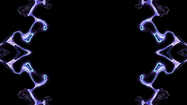 Abstract symmetrical glowing neon purple liquid borders moving on black background with fluid electric energy waves and dark copy space
