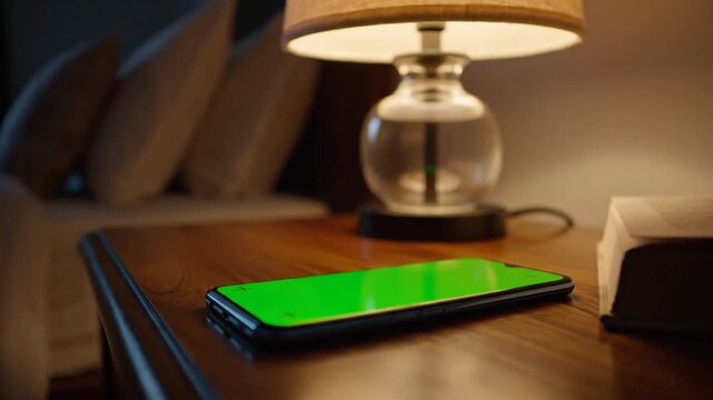 A smartphone with a green screen lies on a wooden bedside table next to a glowing lamp in a dimly lit room.