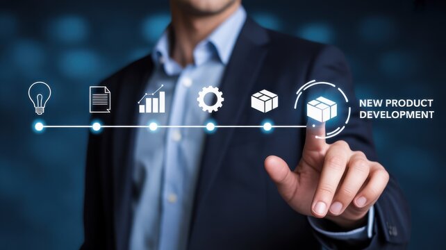 Businessman touching virtual screen for new product development process.