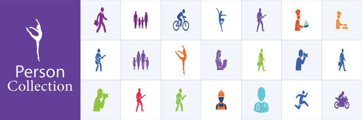 Diverse person collection icons for web design apps and presentations illustrating various professions and activities