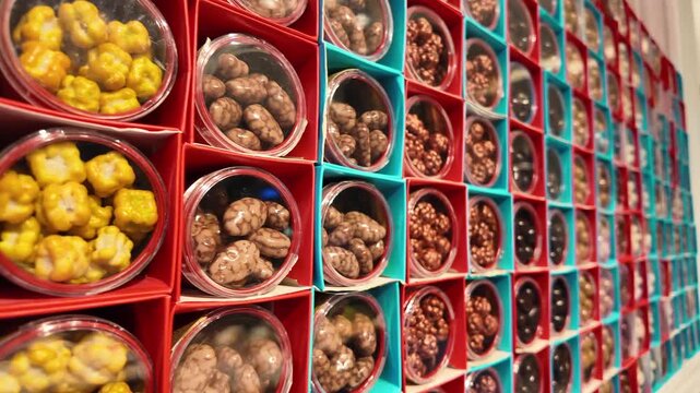 Wall of assorted candies and chocolates in clear containers displayed in colorful compartments
