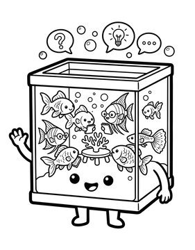Cute talkative aquarium cartoon character with fish and speech bubbles, classroom ecosystem mascot, black and white line art coloring page vector illustration.