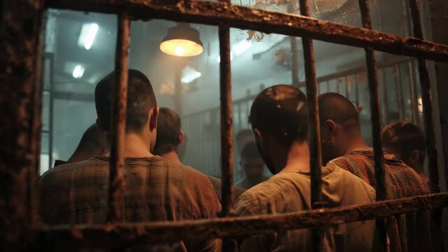 Group of inmates looking out from dim prison cell at night, seeking connection and light beyond the bars