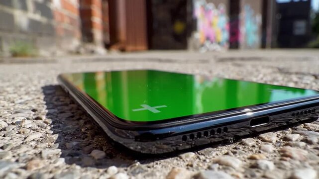 Close-up of a black smartphone with a green screen and white cross marker lying on rough urban ground in bright sunlight.
