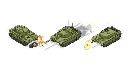 Fototapeta premium three green tanks in isometric style showing firing shooting and target hit sequence illustration