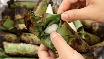 Traditional Thai Grilled Sticky Rice with Banana Wrapped in Banana Leaf Close-up Hand Opening Packaging