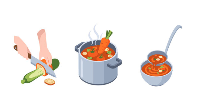 hand drawn process of cooking vegetable soup with cutting vegetables boiling pot and ladling soup illustration