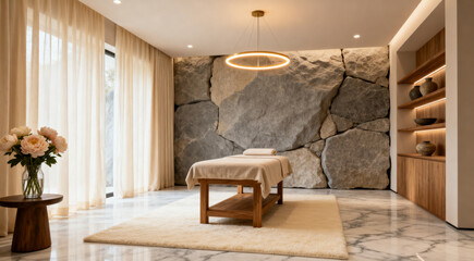 Peaceful luxury massage room with decorative stone and soft shadows.