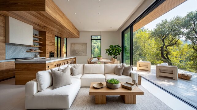 Modern open-plan living room and kitchen with natural wood accents and forest views