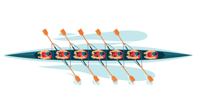 eight rowers rowing boat top view in flat vector style for sport and water activity illustration