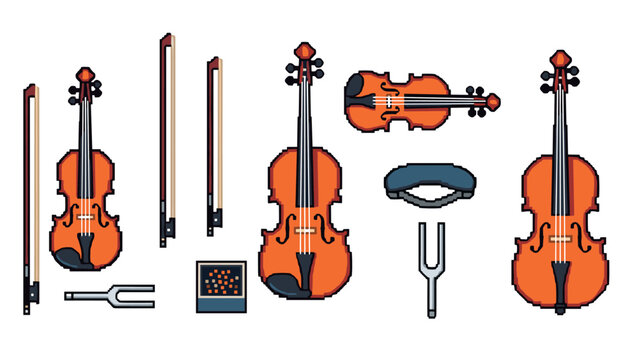 set of hand drawn violins with bows shoulder rest rosined tuning fork and rosin box illustration