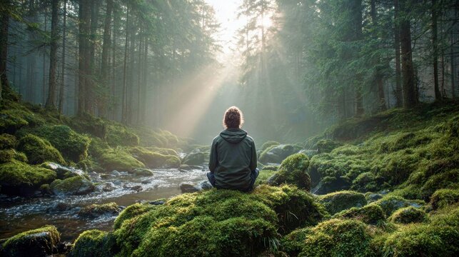 Person meditating in a lush green forest with sunbeams streaming through the trees