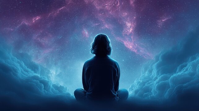 Person meditating in a cosmic nebula with stars and clouds, feeling serene and connected