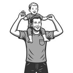 smiling father carrying his young son on his shoulders, joyful family bonding moment sketch engraving generative ai fictional character vector illustration. Scratch board. Black and white image.