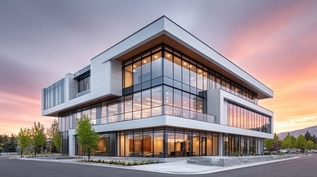 Modern glass office building exterior at sunset with dramatic sky and mountain backdrop