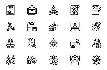 Fototapeta premium Administration and Business Management Line Icon Set for Corporate Office, Teamwork, Human Resources and Company Workflow Outline Vector Collection