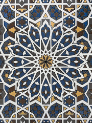 Uzbek geometric tile pattern with central rosette. Traditional ceramic mosaic, blue and ochre ornamental design, architectural motif. 