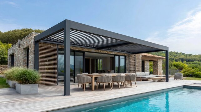 Modern stone house with a sleek pergola and swimming pool for outdoor living