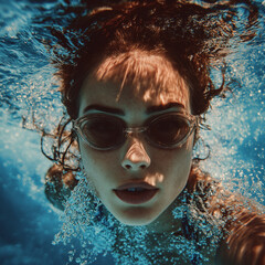 Girl taking a selfie underwater in a swimming pool.
