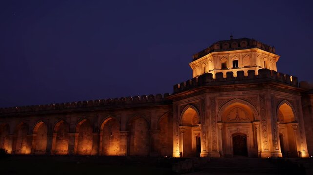 Night View of Shaniwar Wada Fortification with Illuminated Architecture and Moats in Pune, Maharashtra, India