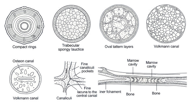 Microscopic structure and detailed anatomy of human bone tissue diagram.