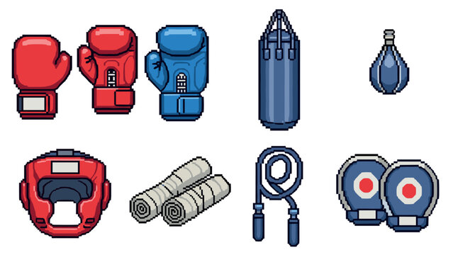 set of pixel art boxing equipment including gloves headgear skip rope punching bags and hand wraps in red and blue colors