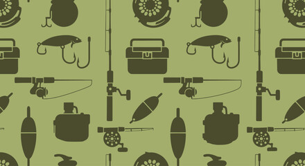 Seamless pattern of fishing gear and tackle illustrations on a green background. © huhiyart