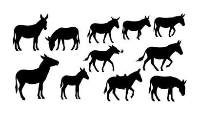 Fototapeta premium Donkey Animal Silhouette Vector Collection with Farm Mammal Poses Isolated on White