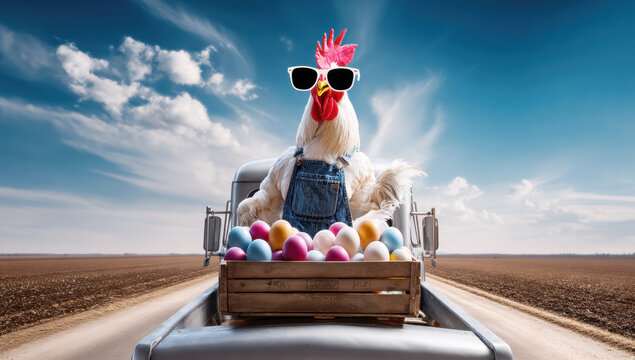 Rooster driving old pickup truck delivering easter eggs, wearing sunglasses and denim overalls on a rural farm road