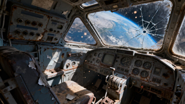 Interior of abandoned Soviet-era space station, Earth visible through cracked viewport with decay aesthetic and dust motes.