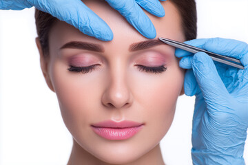 Professional esthetician hands in blue gloves shaping a woman's eyebrows with tweezers for beauty and grooming