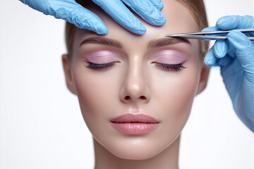 Woman receiving eyebrow grooming and shaping by a beautician in medical gloves using tweezers for cosmetic perfection