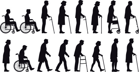 Fototapeta premium Elderly people silhouettes collection with wheelchair, cane and walker, senior men and women mobility concept, aging and healthcare illustration isolated on white background