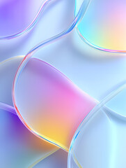 Fluid abstract glass waves creating a modern holographic light effect with iridescent soft pastel colors, creating a futuristic and elegant flowing background design
