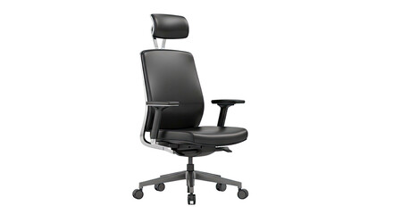Fototapeta premium Black Leather Office Chair with Headrest and Wheels