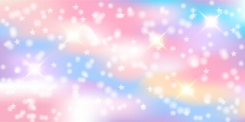 Rainbow gradient sky background. Unicorn space wallpaper with glitter and stars, bokeh. Holographic pastel magic texture with bokeh. Vector © Cibula