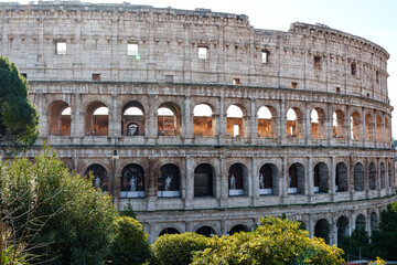 Colosseum in Rome with green plants during daytime visit filled with tourists