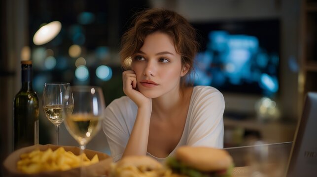 Woman surrounded by empty wine glasses and junk food watching television alone at night, perfect for gluttony sin concept, excessive indulgence, unhealthy lifestyle, emotional eating, modern
