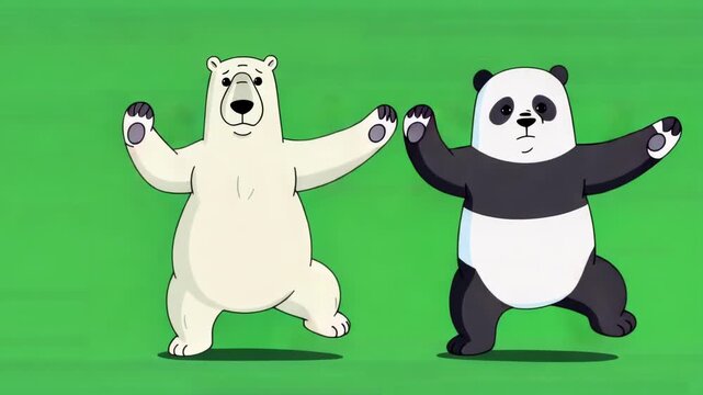 Cartoon animation featuring dancing polar bear and panda on green screen ready for childrens entertainment and animated projects