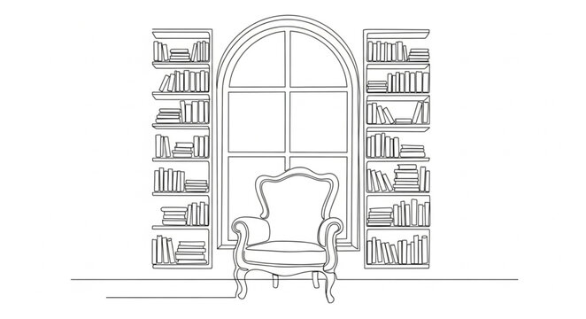 Arched Window with Armchair and Bookshelves.