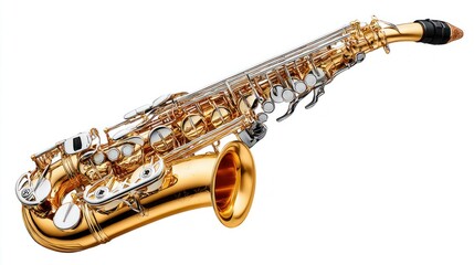 Obraz premium Shiny golden alto saxophone with intricate keys and tubing, isolated on white background