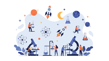 Fototapeta premium Scientists working in a laboratory with microscopes and test tubes surrounded by planets and space exploration icons.