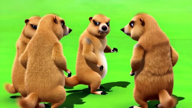 Cartoon prairie dogs confrontation on green background animation featuring angry expression and dialogue between characters in seamless loop