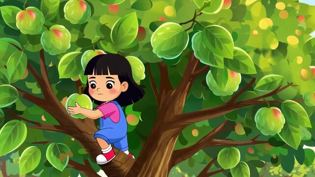 Animated girl climbing an apple tree picking fruit harvesting apples in a cartoon style setting for childrens educational content