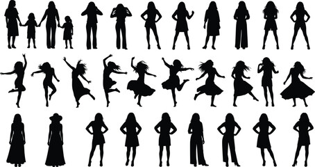 Set, of, Black, Women, Silhouettes, Standing, Dancing, and, Jumping, Poses, with, Kids, Isolated, on, White, Background, for, Graphic, Design, and, Fashion
